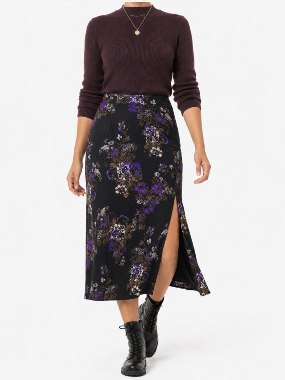Briggs Black Purple Floral Slit Whimsigoth 90s Grunge Fall Midi Skirt [Size 12]